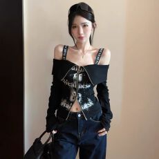 辣妹性感露肩拉链长袖T恤女秋冬一字肩印花短款上衣