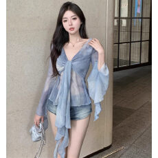 批发蓝色V领扎染长袖<b class='q'>衬衫</b>女装秋冬纯欲风薄款别致收腰设计感小众上衣