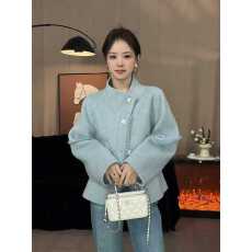 批发法式气质小香风毛边设计感交叉领单排扣短款双面羊毛外套