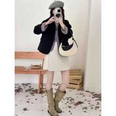 批发韩系洋气内外层次拼色弧形设计感短款双面羊毛外套