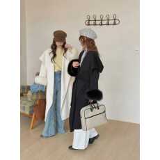 批发韩版慵懒风气质大海军领浴袍式系带收腰羊毛外套（配狐狸毛毛袖）