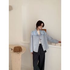 批发法式气质拼接兔毛针织大翻领流苏设计感短款羊毛外套（含羊驼）