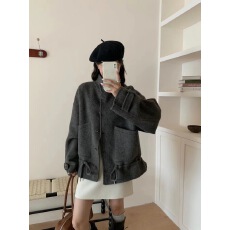 批发欧韩系时尚工装大口袋抽绳设计立领羊毛外套