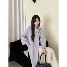 批发韩系甜美气质拼接针织袖立领双排扣宽松长款羊毛外套含苏丽羊驼