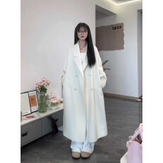 批发韩系经典双排四粒包扣糖果色西装领<b class='q'>长款</b>羊毛外套