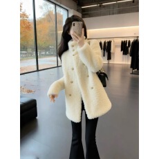 批发小香风白色羊羔毛外套女冬名媛气质<b class='q'>高级</b>感加厚保暖中长款立领大衣