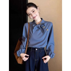 批发今年流行的漂亮小衫高级感轻奢减龄洋气设计感小众蓝色衬衫早春女