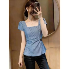 批发蓝色不规则方领波点<b class='q'>衬衫</b>女夏季新款韩版高级女装收腰显瘦气质上衣