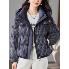 批发时尚短款格子拼接连帽羽绒服女2026年冬装新款宽松减龄大码外套潮
