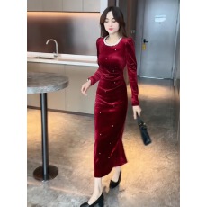批发网红新款2025秋季时尚气质金丝绒长裙包臀连衣裙