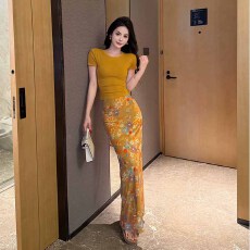 批发网红新款2026夏季短袖上衣印花长裙套装两件套