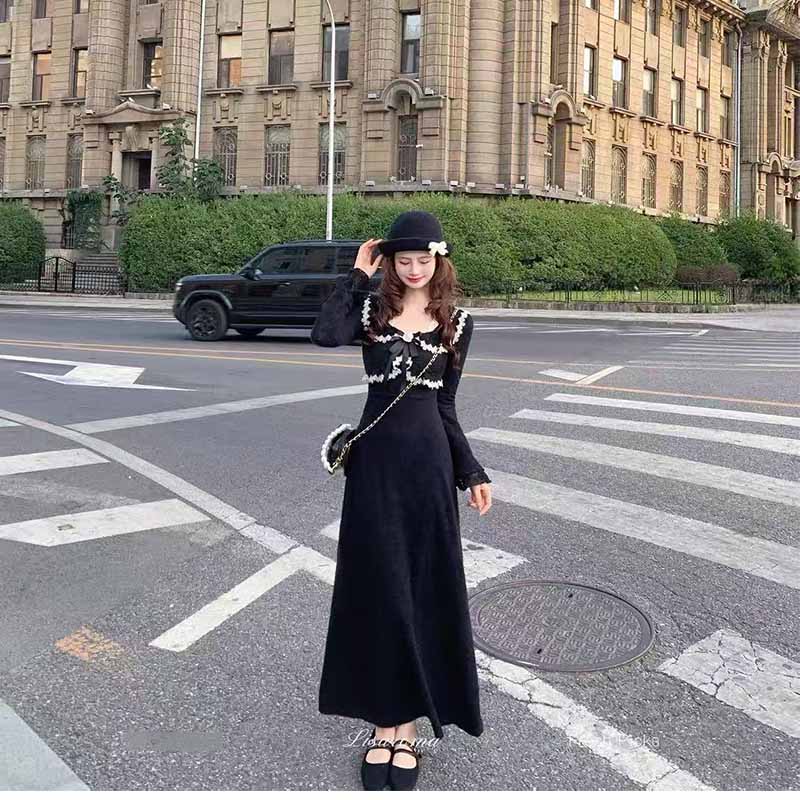 网红新款秋季时尚气质撞色长裙收腰连衣裙 服裝批發女裝批發服飾貨源