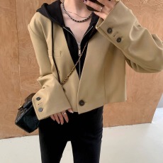批发春秋新款休闲连帽外套<b class='q'>女</b>假两件复古宽松显瘦短款西装卫衣款