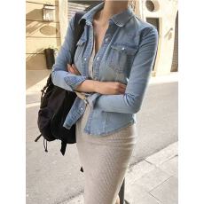 批发<b class='q'>韩国</b>春季新款法式小众收腰显瘦洗白长袖<b class='q'>牛仔</b>衬衫上衣女百搭