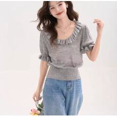 批发韩系清新木耳边短袖针织衫女夏季新款软糯修身显瘦百搭上衣