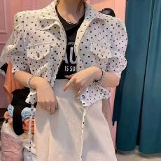 批发韩系波点短款外套女春季新款泡泡袖显瘦百搭上衣时尚休闲<b class='q'>衬衫</b>