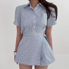 批发韩版新款夏季收腰显瘦衬衫腰带短裤女短袖<b class='q'>连体</b><b class='q'>裤裙</b>气质女