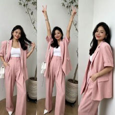 批发韩版春秋新款短袖宽松西装上衣外套加西装裤两件套装<b class='q'>女</b>