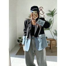 批发独特别致设计感小众拼接牛仔西装外套<b class='q'>女</b>新款休闲撞色西装
