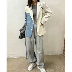 拼接牛仔西装外套女秋季新款休闲百搭宽松显瘦设计感毛边西服