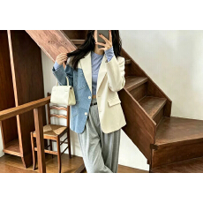 批发拼接牛仔西装外套女秋季新款休闲百搭宽松显瘦设计感毛边<b class='q'>西服</b>