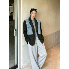 批发韩国短款毛边牛仔小<b class='q'>马甲</b>时尚气质设计感长袖休闲西装外套两件套女