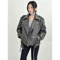 批发复古机车皮衣外套女高级感<b class='q'>秋</b>冬新款港风宽松休闲皮夹克