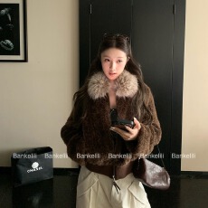 批发优质板栗可可Bankelil暖冬咩咩大毛领<b class='q'>短</b>款环葆羊羔毛保暖<b class='q'>外套女</b>冬