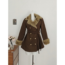 批发画解WAHJU秋冬新品法式复古<b class='q'>皮毛</b><b class='q'>一体</b>系带收腰显瘦呢子大衣外套女