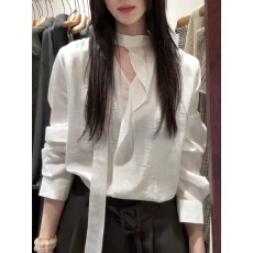 批发温柔风白色V领<b class='q'>长袖</b><b class='q'>衬衣</b>2026年秋季新款法式气质设计感飘带<b class='q'>衬衫</b>女