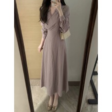 批发2026新款巨好看<b class='q'>紫色</b>翻领衬衫<b class='q'>连衣裙</b>子女长袖早春漂亮收腰V领长裙