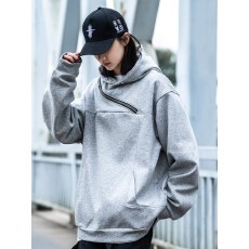 批发连帽卫衣欧韩女春秋拼接解构不规则斜拉链情侣工装重磅痞帅外套