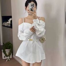 批发配腰带韩版一字肩吊带休闲长袖衬衫女装新款高级感中长款衬衫裙