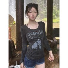 批发莫代尔棉 欧韩长袖<b class='q'>t</b><b class='q'>恤</b><b class='q'>女</b>早秋人像印花修身显瘦美式辣妹上衣