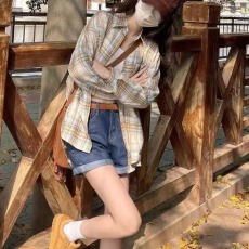 批发美式复古Polo领格子衬衫宽松港风幂式穿搭设计感欧韩开衫长袖上衣