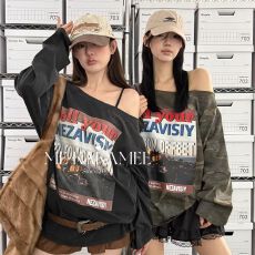 批发欧韩新品美式复古城市字母斜肩宽松显瘦长袖<b class='q'>T</b><b class='q'>恤</b>