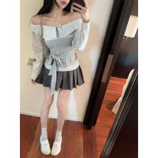 批发设计感假两件一字肩长袖<b class='q'>T</b><b class='q'>恤</b>女秋冬新款<b class='q'>时尚</b>条纹拼接绑带<b class='q'>衬衫</b>上衣