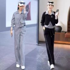 批发休闲运动服套装女欧韩新款韩版洋气<b class='q'>假两件</b><b class='q'>衬衫</b>卫衣显瘦时尚两件套