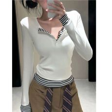 批发条纹撞色拼接假两件长袖欧韩T恤女秋季正肩<b class='q'>修身</b>纽扣上衣