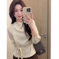 批发欧韩简约不对称荡领长袖<b class='q'>衬衫</b>女斜门襟绑带收腰上衣