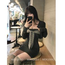 批发欧韩纯欲辣妹套装女秋<b class='q'>修身</b>包臀连衣裙短裙长袖开衫两件套