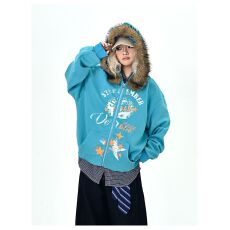 批发美式星星连帽字母可拆卸毛领卫衣<b class='q'>女</b>秋季宽松街头拉链外套