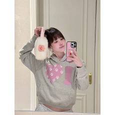 批发纯棉华棉加绒欧韩爱心爪印短款连帽长袖卫衣套头宽松百搭