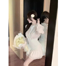 批发欧韩秋季荷叶边长袖雪纺衬衫连衣裙<b class='q'>夏季</b>褶皱气质高级感收腰仙