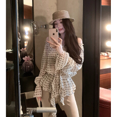 批发新款温柔复古金丝波点一字肩衬衫女抽褶系带长袖<b class='q'>雪纺衫</b>上衣