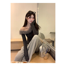 批发260克螺纹德绒毛领上衣女秋冬斜肩<b class='q'>长袖</b><b class='q'>t</b><b class='q'>恤</b>修身打底衫