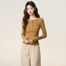 批发羊绒半开领条纹修身<b class='q'>长袖</b><b class='q'>T</b><b class='q'>恤</b>女秋冬韩系显瘦设计感打底上衣