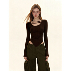 批发人棉磨毛美式辣妹磨毛u领设计感T恤女秋<b class='q'>冬</b>修身显瘦内搭打底衫上衣