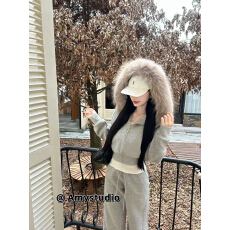 批发纯棉华棉复超柔 爆款加绒外套可拆卸毛领连帽<b class='q'>卫衣</b>两件<b class='q'>套装</b><b class='q'>女</b>