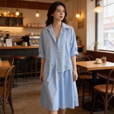 批发蓝色设计感<b class='q'>连衣裙</b>春夏女2026欧韩新款轻熟风宽松休闲简约中长款